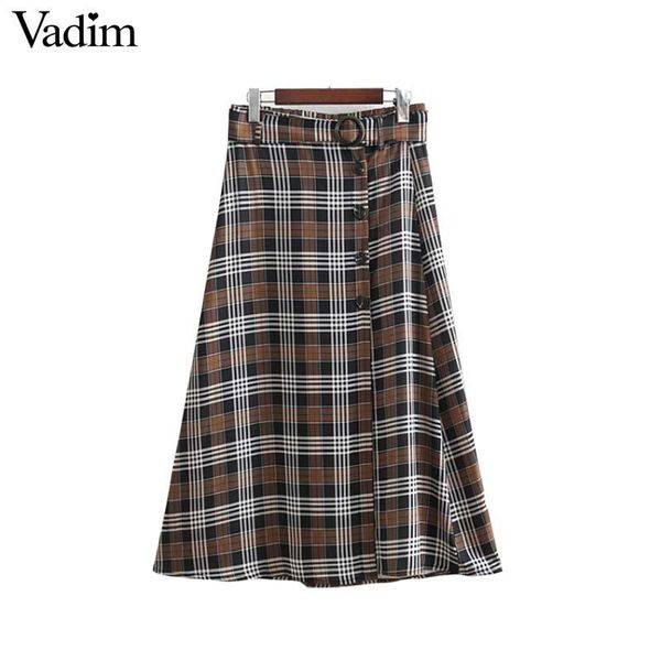 

skirts vadim women chic plaid midi checkered sashes buttons faldas mujer vintage female casual mid calf skirt ba287, Black