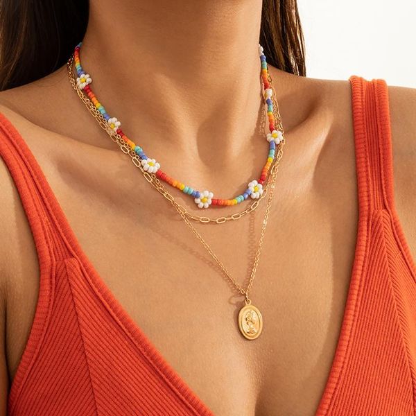 

chains ethnic style necklace for female with multicolor daisy beaded portrait metal chain braided clavicle wholesale, Silver