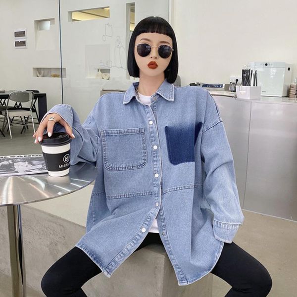 

women's jackets [ewq] 2021 spring female casual turn down collar single breasted long-sleeved patchwork pocket denim jacket cardigan co, Black;brown