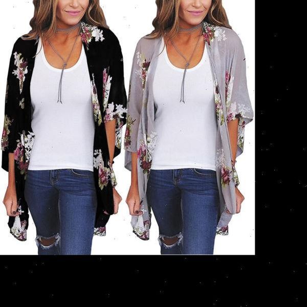

womens clothing women floral loose vintage kimono cardigan boho chiffon coat jacket blouse shirts plus size, White