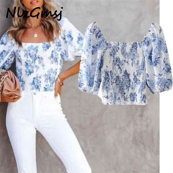 

blouse women blue flowers print crop shirt summer short sleeve female slim blouses chic 05 210628, White
