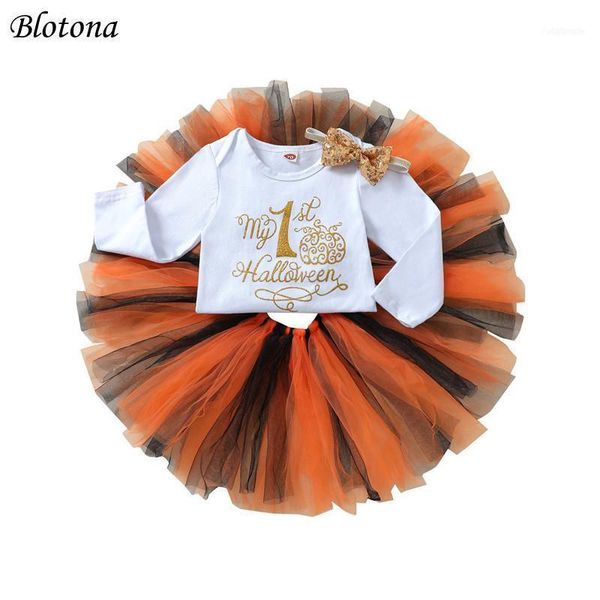 

clothing sets blotona 3pcs toddler halloween outfits, letter print o-neck long sleeves romper + tutu skirt headband for girls, 0-18months1, White