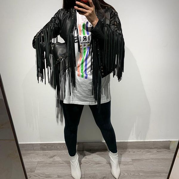 

women's leather & faux women genuine sheep jacket lady real tassel, Black