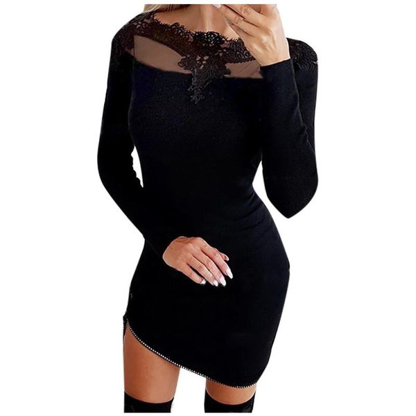 

casual dresses lace mesh splice for women 2021 bodycon dress long sleeve round collar plus size ropa de mujer, Black;gray