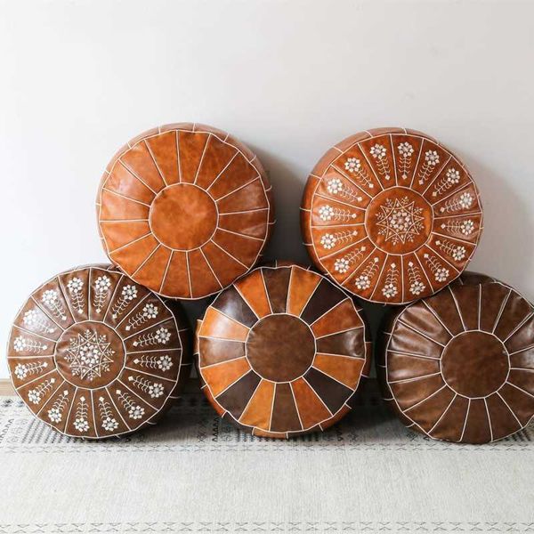 Pouf decorativo marocchino in pelle PU artigianale Hassock ottomano poggiapiedi rotondo grande 50 * 50 * 25 cm cuscino non imbottito, SALDI 210716