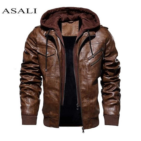 

men hooded jacket and coat autumn winter warm casual leather jackets pu coats slim fit outerwear male zipper hoody sportswear 201218, Black;brown