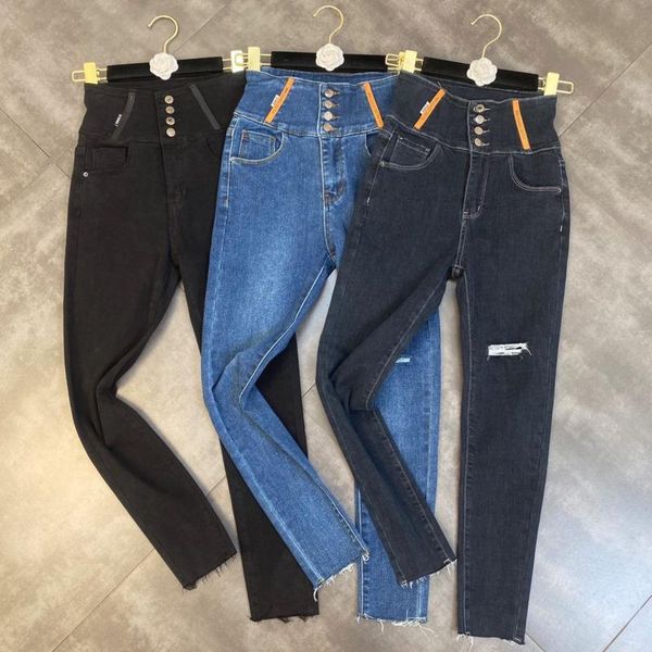 

women's jeans prepomp 2021 fall arrivals vintage ripped holes high waist slim stretch denim pencil pants women gc744, Blue