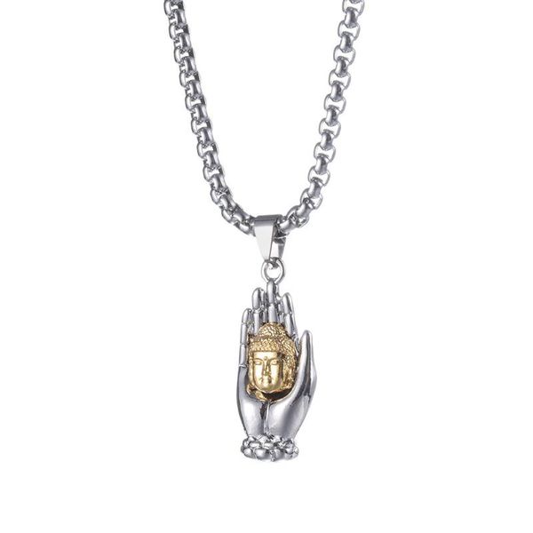 

pendant necklaces retro tathagata buddha head titanium steel chain hip hop necklace, Silver