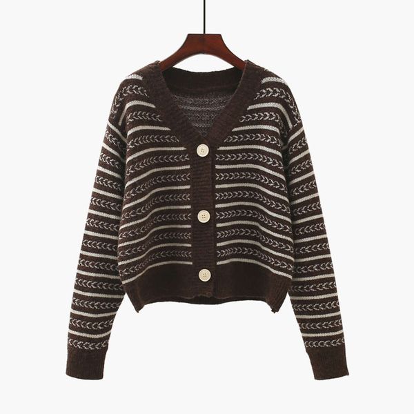 

striped knitted cardigan women's early spring 2021 new korean loose fit with short v-neck sweater jacket, White;black