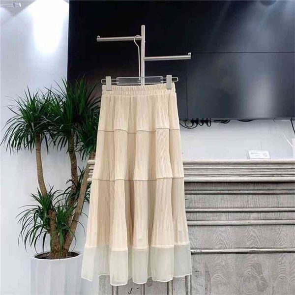 

autumn korean women fashion high waist slimming simple pure color mesh pleated skirt casual long 210527, Black