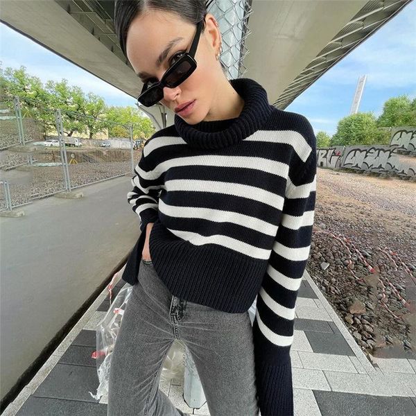 

women's sweaters fashion 2021 autumn high-neck trumpet sleeve striped sweater european and american pullover loose blouse women, White;black