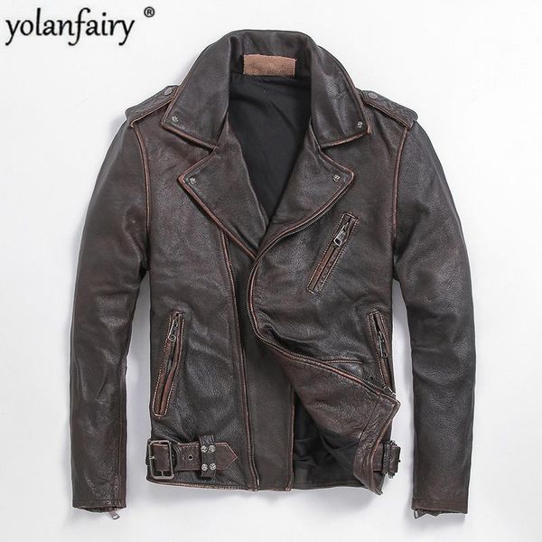 

men's leather & faux genuine jacket men clothes 2021 real cow coat motorcycle biker brown vintage cowhide coats l-z-6 kj4112, Black