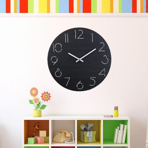 

wall clocks simple mute wooden clock round creative quartz for home bedroom living room without battery (black)