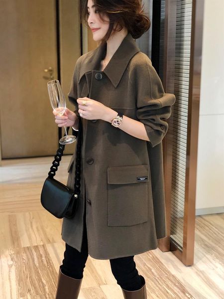 

women's wool & blends fanlis double face woolen coat khaki medium length loose style winter 2021, Black