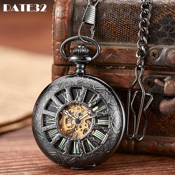

pocket watches roman numeral luminous pointer mechanical watch skeleton black hollow male fob chain clock for men women, Slivery;golden