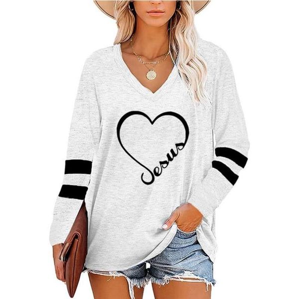 

women's t-shirt jesus autumn women long sleeve t shirt 2021 striped female stitching tees fashion loose lady 2xl, White