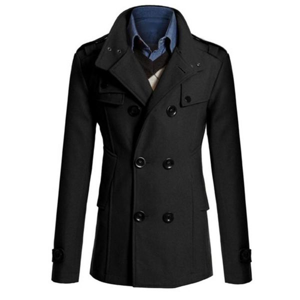 

men's trench coats dropwinter jacket men long sleeve lapel collar double-breasted pockets woolen slim coat, Tan;black