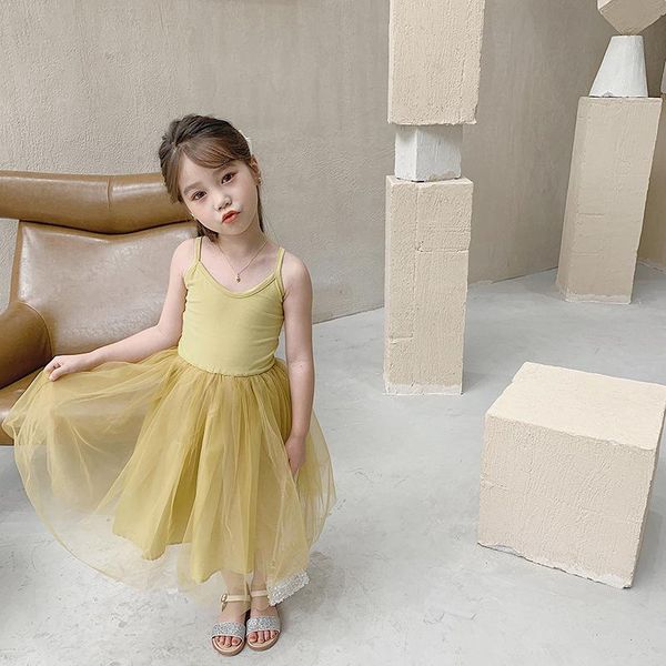 

girl's dresses spring summer girls cute patchwork mesh slip dress kids fashion solid color casual princess, Red;yellow