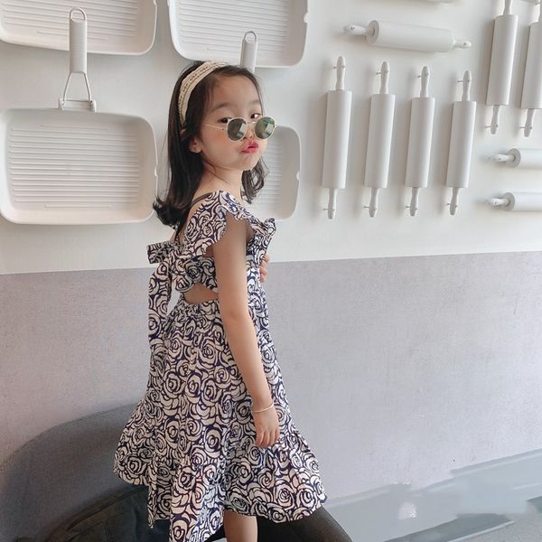 

summer girls slim dress abstract flowers square collar 2021 new fashion princess flared dress baby kids childrens clothing, Red;yellow