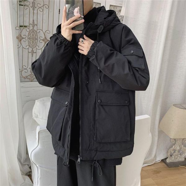 

men's down & parkas winter 2022 fashion cotton padded men streetwear casual thick warm jackets hooded coats male windproof outerwear h1, Black