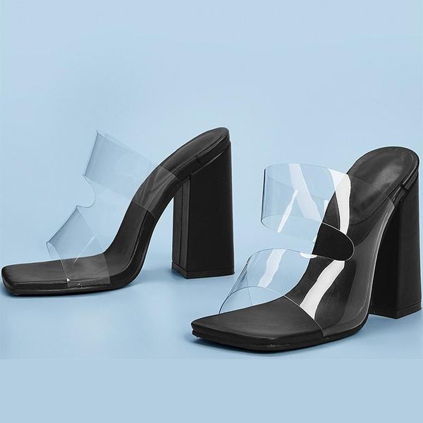 

slippers women summer transparent pvc high heels fashion square toe slip on ladies slides female sandals party shoes 2021, Black