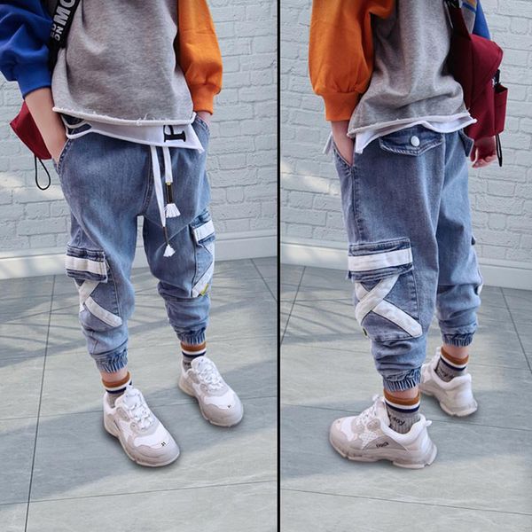 

jeans hip hop boys side pockets cargo harem pants kids 2021 casual blue denim elastic waist loose boy trousers