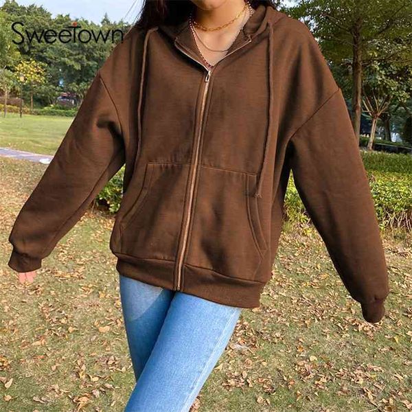 Sweetown Brown Aesthetic Hoodies Frauen Vintage Zip Up Sweatshirt Winterjacke Kleidung Taschen Langarm Kapuzenpullover 210909