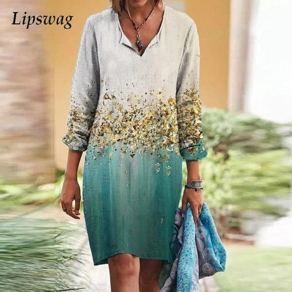 

casual dresses vintage v-neck floral print midi dress summer loose pullover fashion 2021 autumn women a-line party vestido, Black;gray