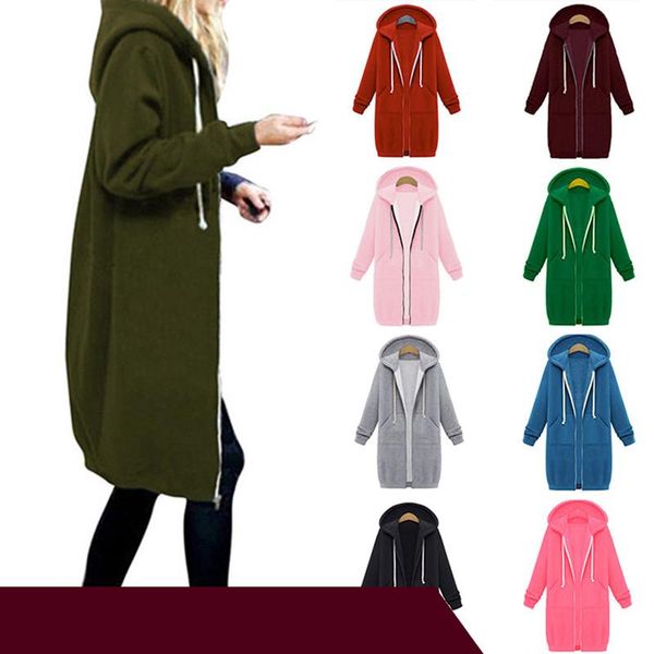 

women's trench coats 2021 autumn and winter long-sleeved hooded zipper cardigan sweater casual straight solid color pocket ladies long, Tan;black
