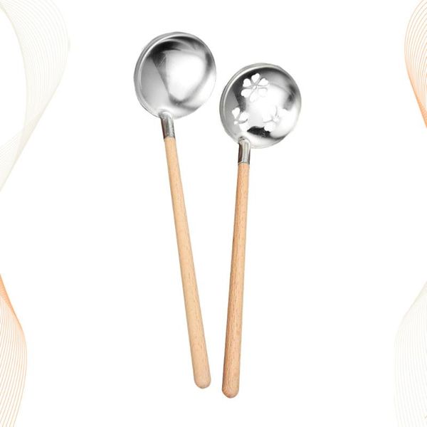 

2pcs stainless steel soup spoon scoop colander cooking ladle cookware for home restaurant (wooden handle ladle+wooden handle col
