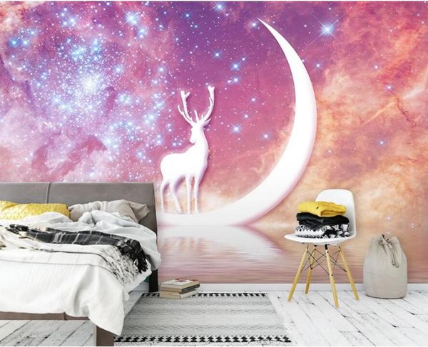

wallpapers ainyoousem beautiful starry sky moon elk sofa background wall wallpaper papel de parede 3d stickers