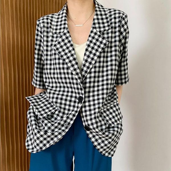 

women's suits & blazers korean loose black white thin plaid women lapel single-breasted short-sleeve casual female suit jacket summer 2, White;black