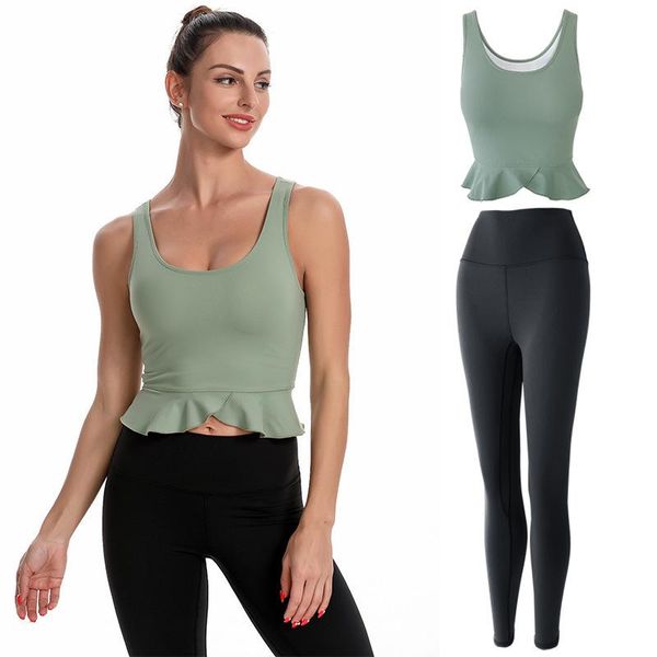 

men's tracksuits yoga set solid gym fitness clothes ruffled vest high waist leggings 2pcs sports suit quick dry sportwear for women 202, Gray