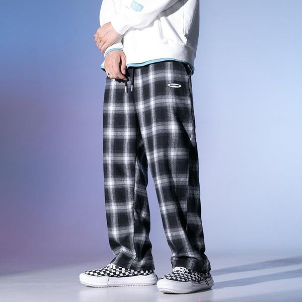 

men's pants autumn casual black and white plaid drawstring tide brand sports 2021