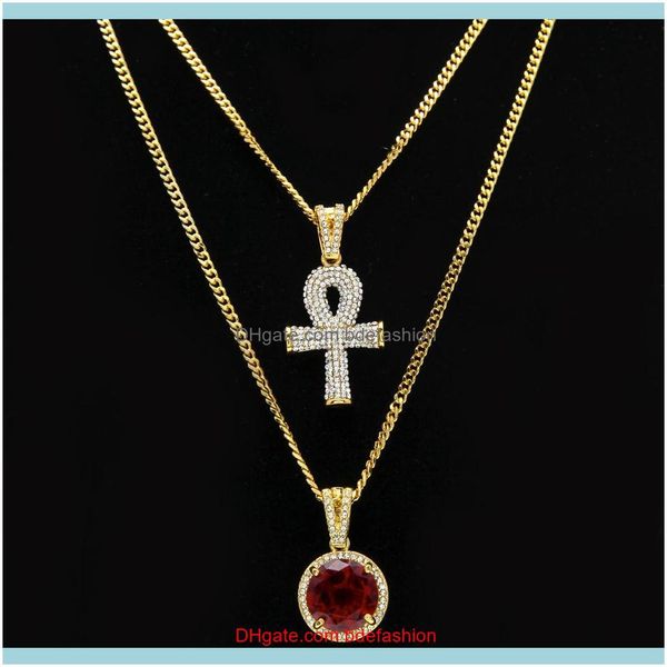 

& jewelryegyptian ankh key of life bling rhinestone cross pendant with round red ruby pendants necklaces set men hip hop jewelry drop delive, Silver