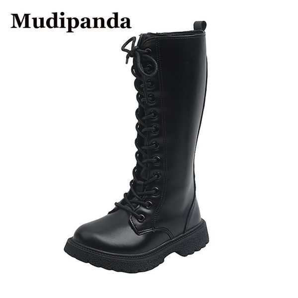 

boots 2021 kid' flat shoe student black children' high tube single girls little leather shoes, Black;grey
