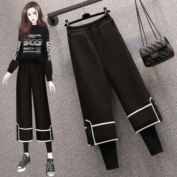 

women's pants & capris japanese fashion fake two piece black streetwear women vintage plus size pantalones de mujer baggy casual thicke, Black;white