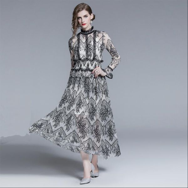 

casual dresses 2021 summer women dress lace fabric party solid designer midi office lady stand collar, Black;gray
