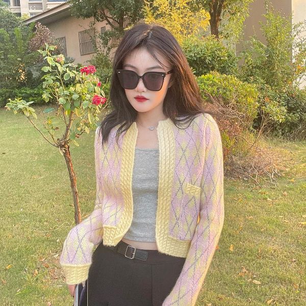 

women's knits & tees junwu autumn pink diamond plaid printed trimming pocket long sleeve short sweater cardigan jacket sweet girly styl, White