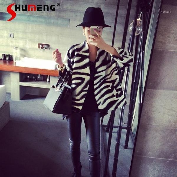 

women wool coat spring 2021 fashion straight white black short zebra strips jacket v-neck casual outerwear female streetwear women's &