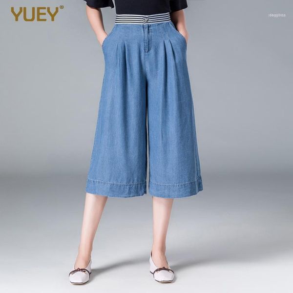 

women's jeans women loose cropped for summer elastic band breathable high waist tencel wide leg denim knee length plus big size1, Blue