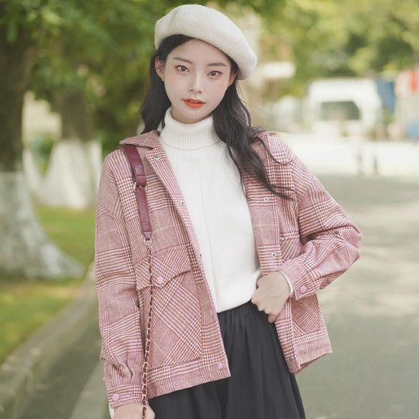 

women's wool & blends women winter woolen coats vintage england style color matching plaid outerwear fashion thick single breasted notc, Black