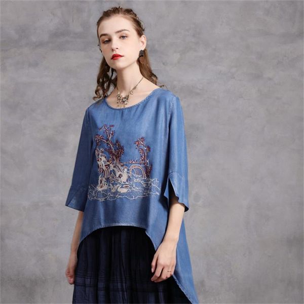 

vintage women denim blouse shirt 2021 autumn half sleeve embroidery o neck asymmetrical blouses a9297 blusas femininas, White