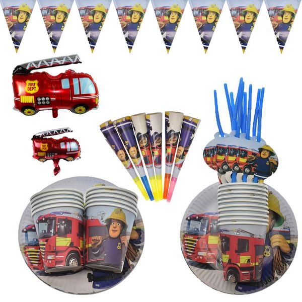 

disposable dinnerware fireman sam theme birthday party decorations banner fire engine fighter paper cups plates favors baby shower supelies