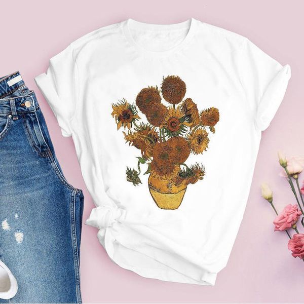 

women graphic aesthetic sunflower art painting 90s cartoon print lady tees clothing female t shirt womens t-shirt, White