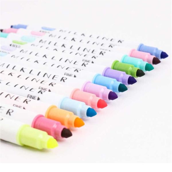 

12 colors/set cute milk liner pens highlighter dual double headed fluorescent pen drawing marker pen stationery schoo qylbva