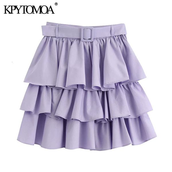 

kpytomoa women 2021 chic fashion with belt ruffled mini skirt vintage high waist side zipper female skirts faldas mujer cx200703, Black