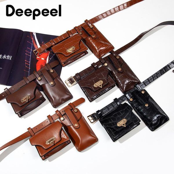 

belts deepeel 1p 2.3*106cm women vintage crocodile pattern belt double bags leather patchwork waist bag adjustable female cummerbunds, Black;brown
