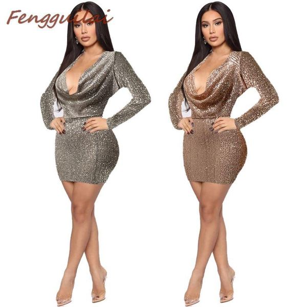 

casual dresses spring autumn long sleeve nightclub mini deep v neck sequin dress elegant women sliver glitter bodycon party, Black;gray