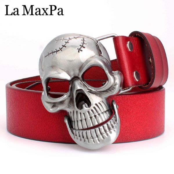 

2021 new men skeleton cool skull head cowhide leather belt big buckle hip hop style show decorative waistband 5bny, Black;brown